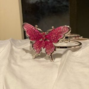 Silver Tone Pink Jeweled Butterfly Cuff Bracelets